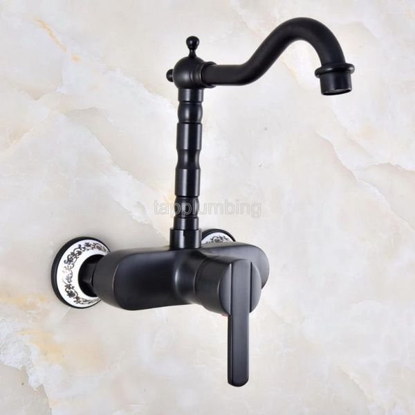 Rubinetti per lavandino del bagno Rubinetto per lavabo a parete in bronzo lucidato a olio nero / Rubinetti per miscelatori da cucina con bocca girevole a 360° Tnf842