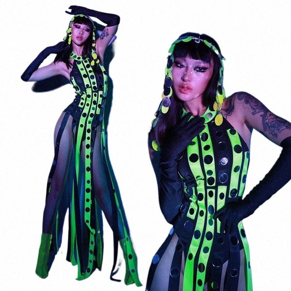 fluorescente verde nappa tuta cantante ballerino performance costume di scena jazz gogo abbigliamento per la danza festa rave outfit VDB7183 P94X #