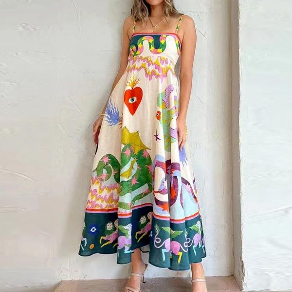 Poster Holiday Beach Dress Stampato Graffiti Stitching Strap arruffato per le donne