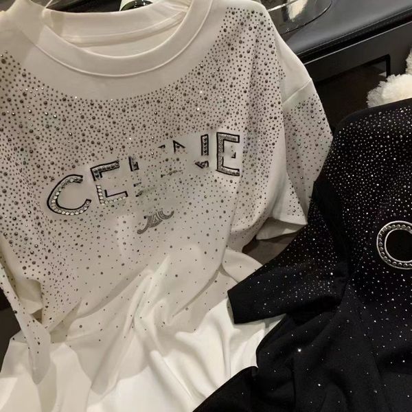 Yaz Yeni Tasarım Kadınlar O yakalı Kısa Kollu Perçinler Mektup Deseni Rhinestone Shinny Bling Gevşek Tees Sml