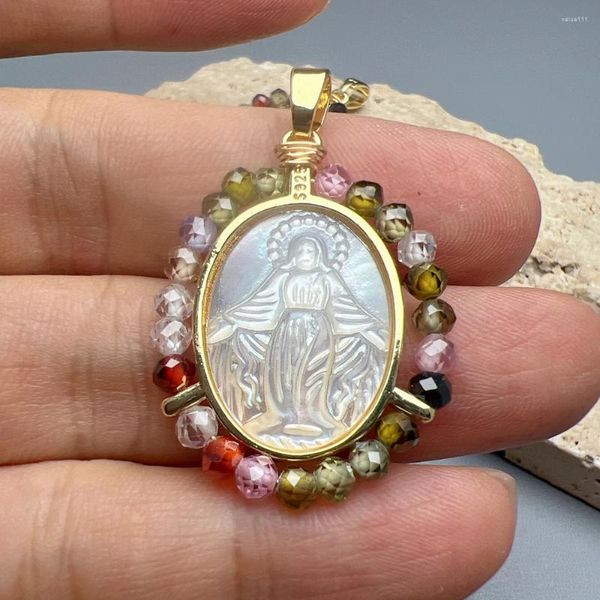 Colares Pingente Medalha Oval Sagrada Virgem Maria Pingentes para Fazer Jóias DIY Mulheres Coloridas Zircon Beads Mãe Pearl Shell Colar
