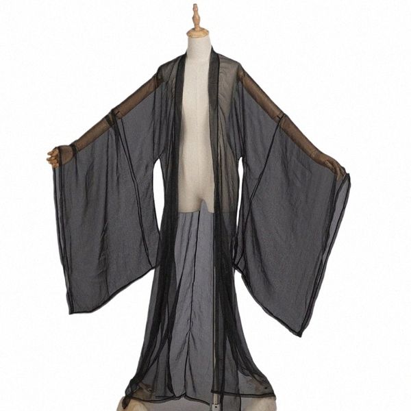 chiff preto hanfu capa de fadas cardigan chinês roupas tradicionais hanfu casaco mangas largas das mulheres dos homens festival wear dnv16364 f1Ri #