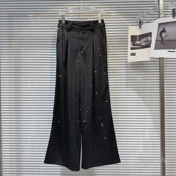 Женские брюки 2024, весенние нишевые темные брюки со звездами и стразами для девочек, однотонные атласные повседневные женские прямые брюки, белые, черные
