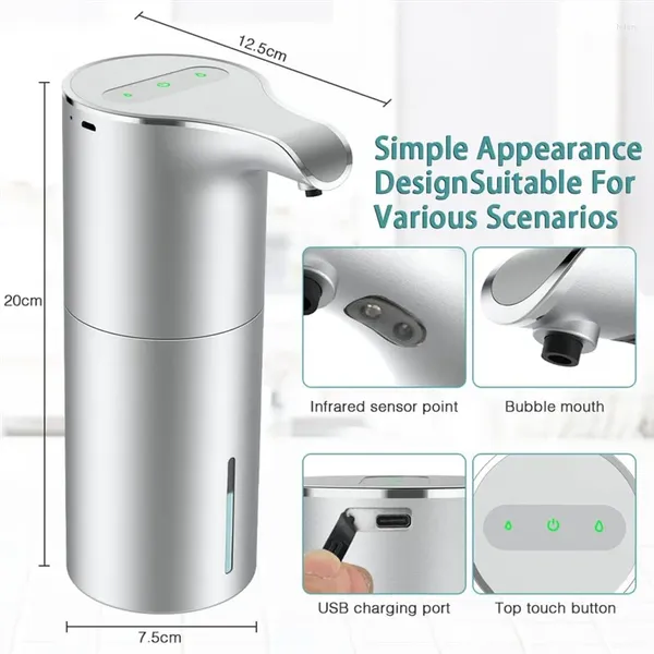 Flüssigseifenspender automatisch – berührungsloser, über USB wiederaufladbarer elektrischer Schaum, verstellbar, wasserdicht, 450 ml, Silber