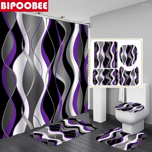 Cortinas de chuveiro preto e cinza listrado banheiro roxo banheira cortina com ganchos tampa do toalete capa antiderrapante tapete de banho