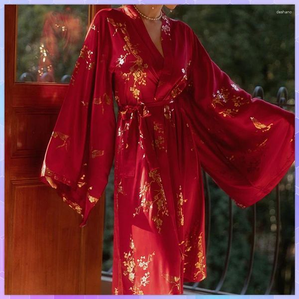 Casa roupas sexy robe vestido de seda cetim casamento noiva dama de honra floral roupão quimono noite banho camisola vestir para mulher