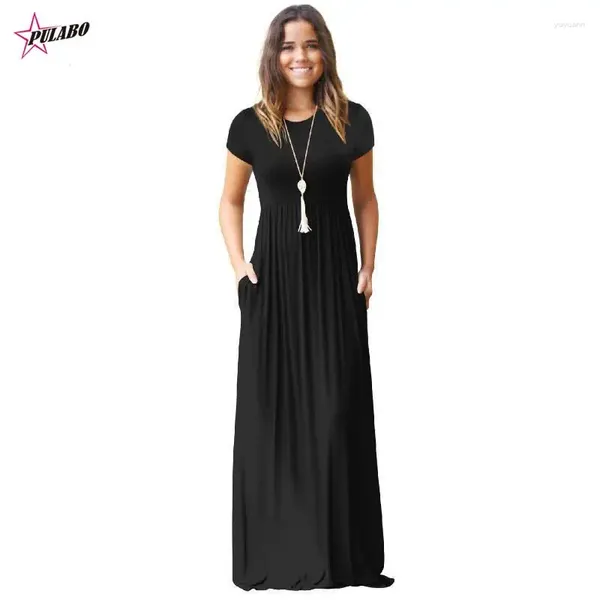 Casual Kleider PULABO Frühling Sommer Bodenlangen Frauen O Neck Taschen Kurzarm Lose Party Vestido Longo De Festa Weibliche