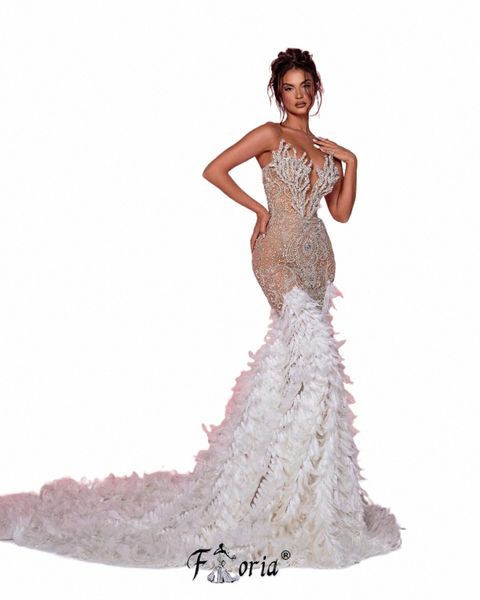 squisito bianco sirena da sposa Dr piume pesanti perline di cristallo abito da sera del partito Lg Celebrity Ocn Dres Couture e59m #