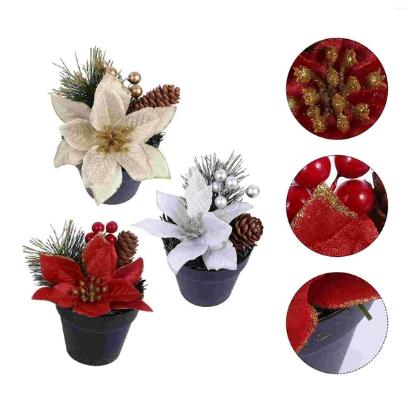 Flores decorativas 3 pcs adereços flor de seda artificial mini mesa árvore de natal pequena decoração fio de ferro poinsétia