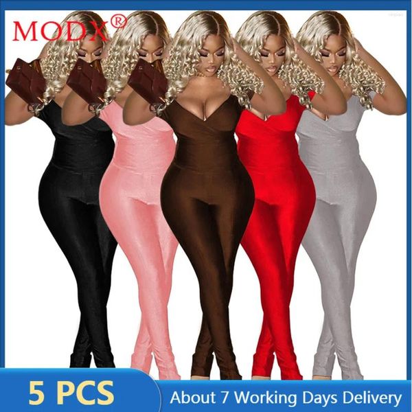 Calças femininas de duas peças 5 conjuntos de roupas por atacado mulheres verão conjunto roupas sexy com decote em v manga curta bodycon ternos esportivos y2k feminino m13230