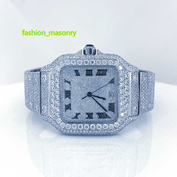 Relógio masculino quadrado da moda, venda quente, prata esterlina 925, gelado, vvs, moissanite, diamante, relógios mecânicos