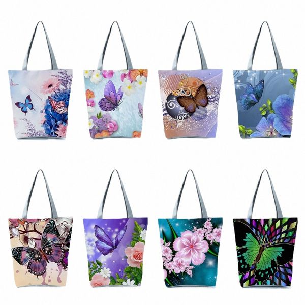 Güzel Çiçek Kelebek Baskı Çantaları Yüksek Kapasiteli Günlük Kadın Ofis Tote Çantaları Mağaza Çantaları Taşınabilir Seyahat Plaj Çantaları C8LV#