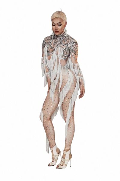 lg maniche stampa bianca nappa tute sexy nude per le donne drag queen vestiti da festa stage cantante costume pole dance wear W2GW #