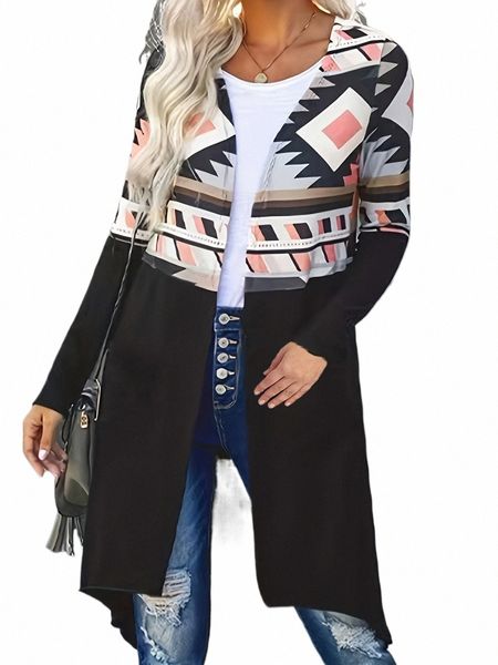 Plus Size Casual Cardigan, Damen Plus Aztec Print Lg Sleeve Open Front High Low Hem Cardigan mit Taschen f0aR#