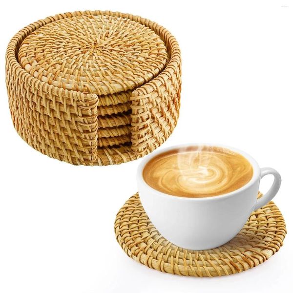 Tovagliette 6 pezzi sottobicchieri in rattan fatti a mano con supporto Set Boho in vimini naturale per bevande resistenti al calore