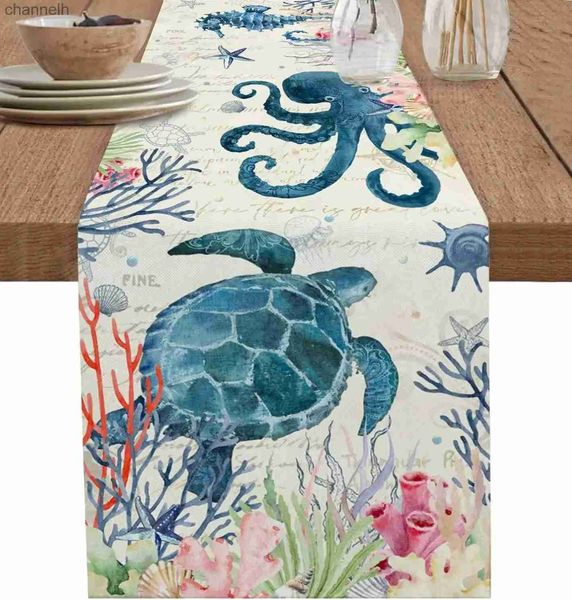 Runner da tavolo Summer Sea Turtle Coral Beach Lino Runner Dresser Sciarpa Decor Riutilizzabile Cucina Decorazioni per feste yq240330