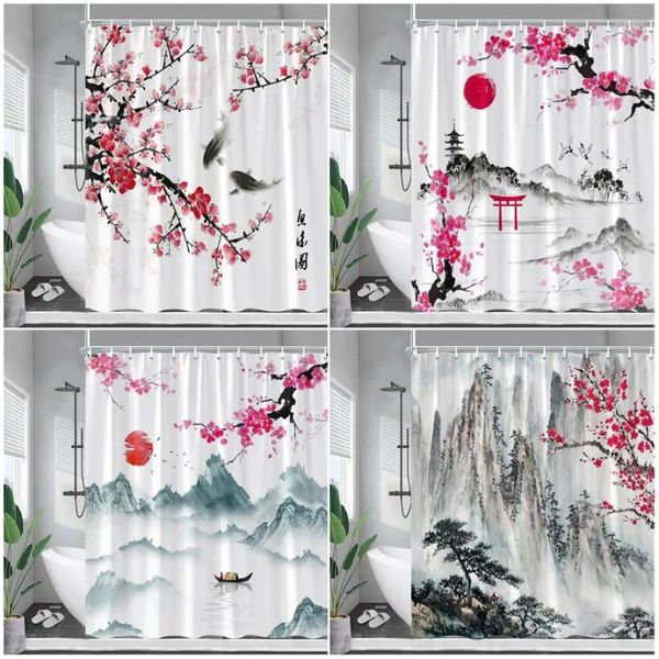 Cortinas de chuveiro tinta paisagem cortina rosa vermelho floral carpa abstrata montanha arte chinesa banheiro tecido decoração de casa com ganchos