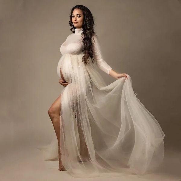 Vestido de tule para maternidade, gola alta, malha elástica, manga completa, transparente, malha para gravidez, maxi vestido para poshoot 240315