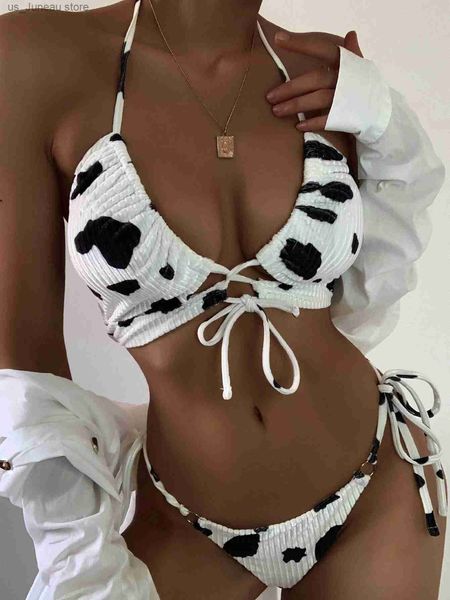 Mulheres Swimwear Cow Print Two-Peça Bikini Define Womens Beachwear e Lace-up Bra Cintura Baixa Tanga Briefs Swimsuit Set Feminino Ternos de Banho T240330