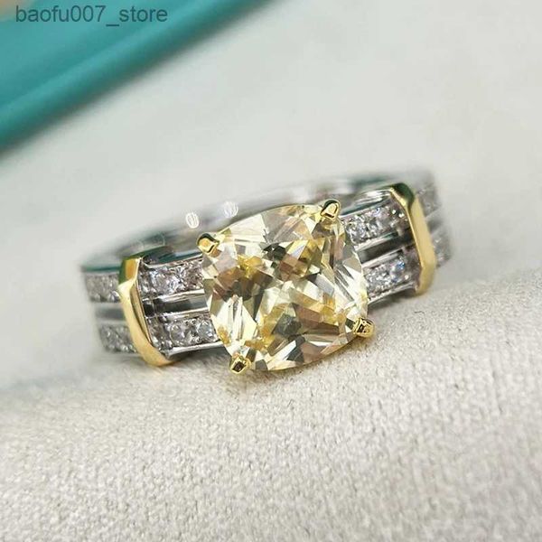 Anéis de banda Hot novo 925 prata esterlina quadrado amarelo diamante anel senhoras moda tendência luxo marca jóias festa dia dos namorados giftQ240330