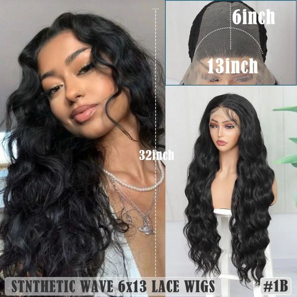 Wigs Soku 13x6 13x4 Синтетические кружевые кружевы передние парики 32 дюйма длиной пушистый модный парик для чернокожих женщин, предварительно сорванных детскими волосами