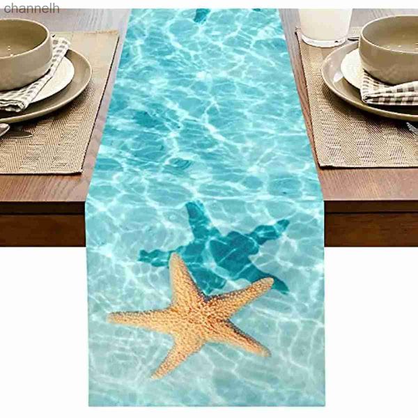 Runner da tavolo Estate Acquerello Stelle marine Oceano Lino Runner Cucina Decor Lavabile Sala da pranzo Decorazioni per feste di nozze yq240330