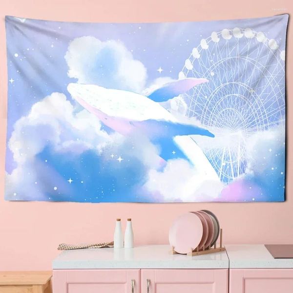 Arazzi Cartoon Sky Whale Tapestry Nuvole rosa viola Estetica creativa Decorazione da appendere a parete per soggiorno camera da letto