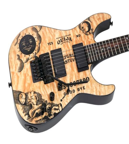 Super Raro Kirk Hammett KH Ouija Natural Acolchoado Maple Top Guitarra Elétrica Reverse Headstock Floyd Rose Tremolo Preto Hardware8287154