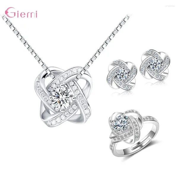 Collana Orecchini Set Boutique Donna Collane Anelli Set Fiore nuziale coreano in argento sterling 925 con zirconi cubici