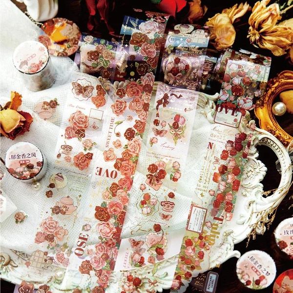 Confezione regalo 45mm 3m Vintage Rose Tulip PET Nastro Scrapbooking Art Floral Sticker Fai da te Junk Journal Collage Planner Materiali Decorare Forniture