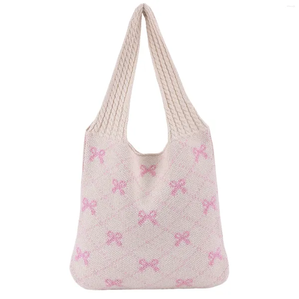 Bolsas de ombro femininas crochê tote bolsa arco impresso tricô saco contraste cor viagem compras senhoras diariamente