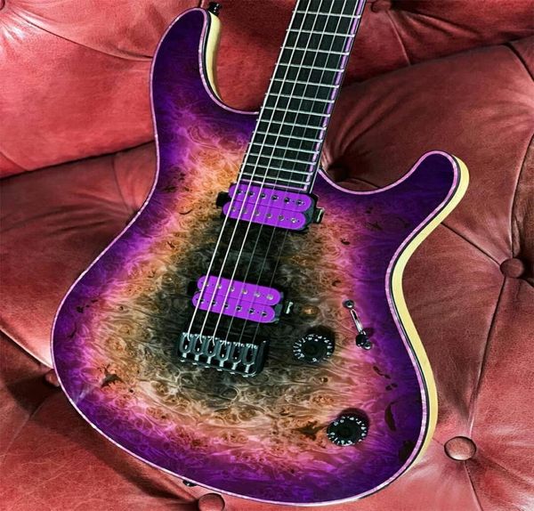 Super Raro Roxo Natural Preto Burl Birds Eye Maple Top Guitarra Elétrica Ultra Fino Corpo Jumbo Trastes Preto Hardware1240622