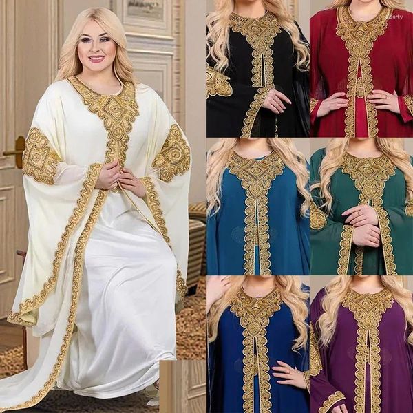 Roupas étnicas Europeias e Americanas Muçulmanas Médio Oriente Malay Bell Manga Bordada Vestido de Renda Dourada