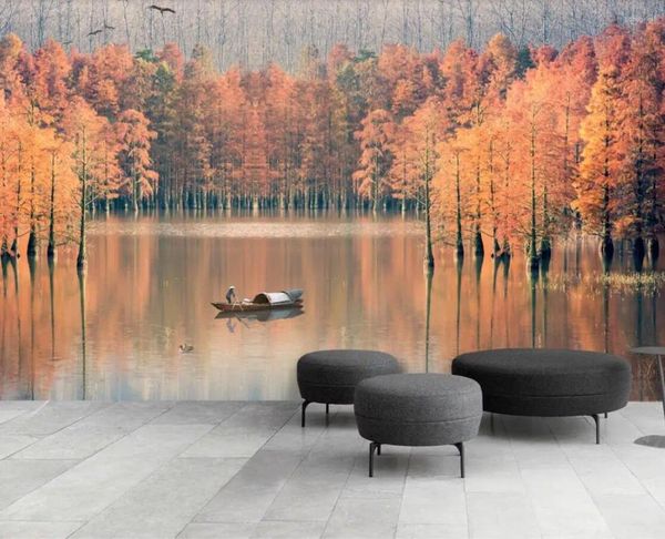 Wallpapers original floresta vista papel de parede arte mural pintura contato rolo de papel 3d po lago barco luxo decoração de casa