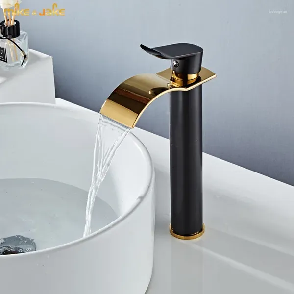 Rubinetti per lavandino del bagno Rubinetto in ottone per lavabo in oro nero e rubinetto per supporto freddo Miscelatore a cascata con montaggio su ponte alto