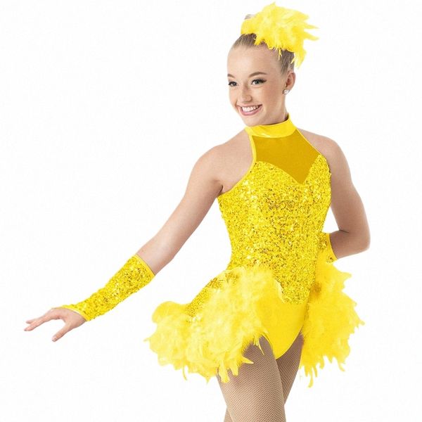 Federsaum Tanz Dr für Mädchen Frauen Pailletten Ballsaal Bühnenkostüm Competiti Performance Dynamic Dance Apparel Jazz Wear R7ly #