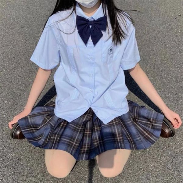 Ученики девочки -голубая рубашка для рубашки клетки для клетчатых юбки Японская школьная форма летняя плиссированная юбка с высокой талией Женские летние костюмы