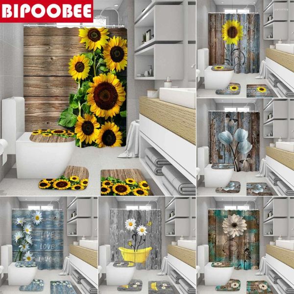 Tende da doccia Girasole Arredamento bagno Venature del legno Fiori Stampa Tenda con ganci Tappetini da bagno WC Set Tappeti piedistallo Tappeto antiscivolo