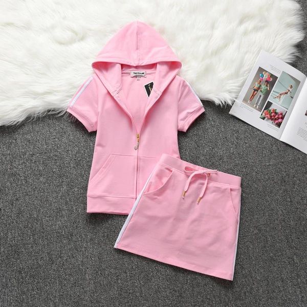 Arbeitskleider 2024 Sommer Damen Baumwolle Kurzarm Set Casual Sport Reißverschluss Hoodie A-Linie Rock Tenniskleid Zweiteilig