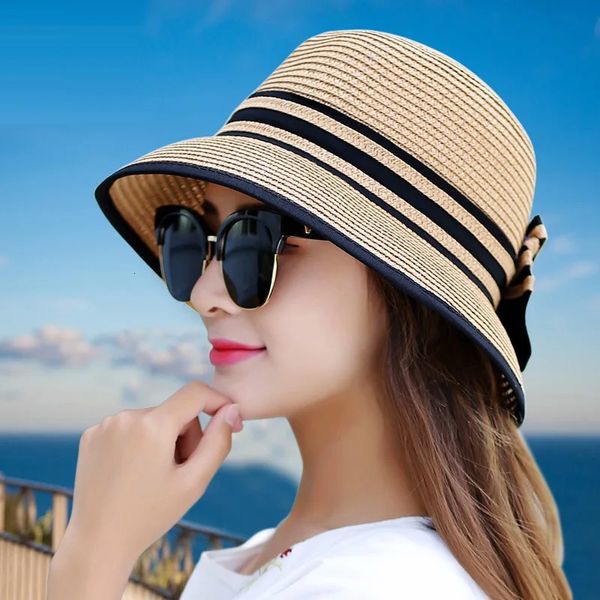 Muchique Boater Chapéus para Mulheres Verão Sol Chapéu de Palha Aba Larga Praia Chapéus Menina Fora Viagem Palha Cap Casual Bow Hat B-7847 240325