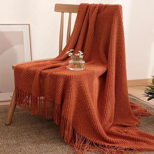 Decken Morandi Orangefarbene Quasten-Strickdecke, weich, warm, Überwurf, Nickerchen für Couch, Sofa, Büro, Bett, Camping, Reisen