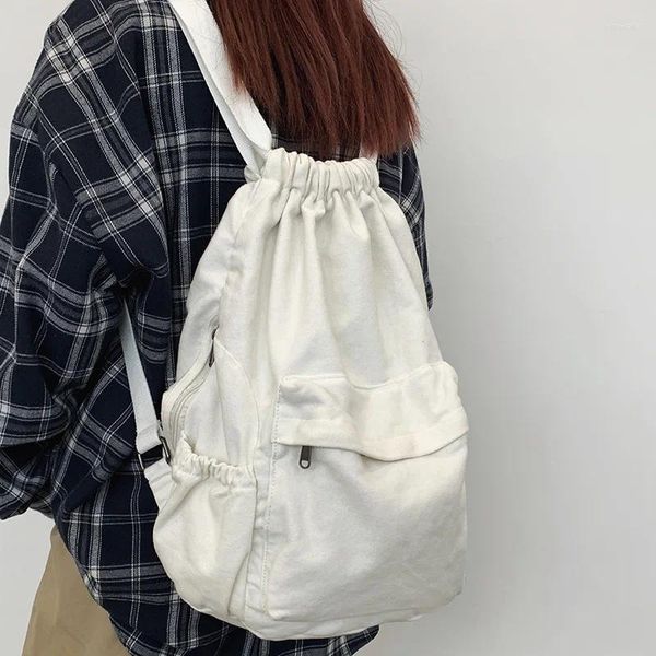 Sacos escolares menina cordão saco de lona legal branco mulheres mochila de viagem feminino na moda livro senhoras portátil faculdade moda