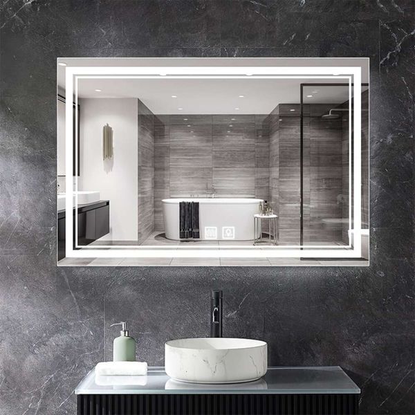 Specchio da bagno LED intelligente da 1 pezzo, specchio per trucco montato a parete orizzontale con funzione antiappannamento, pressione prolungata per regolare la luminosità, pulsante Dual Touch, decorazioni per la casa,