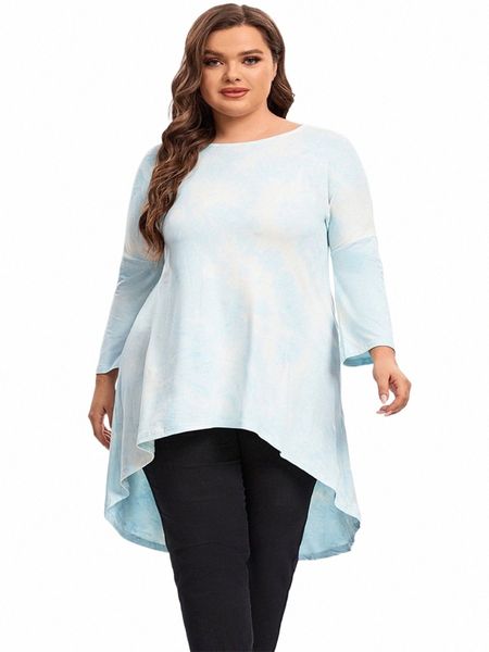 Plus Size Lg Manga Elegante Tie Dye Túnica Lg Solta Primavera Outono Hi Low Swing Blusa Tops Camiseta Tamanho Grande Roupas Femininas D1n7 #