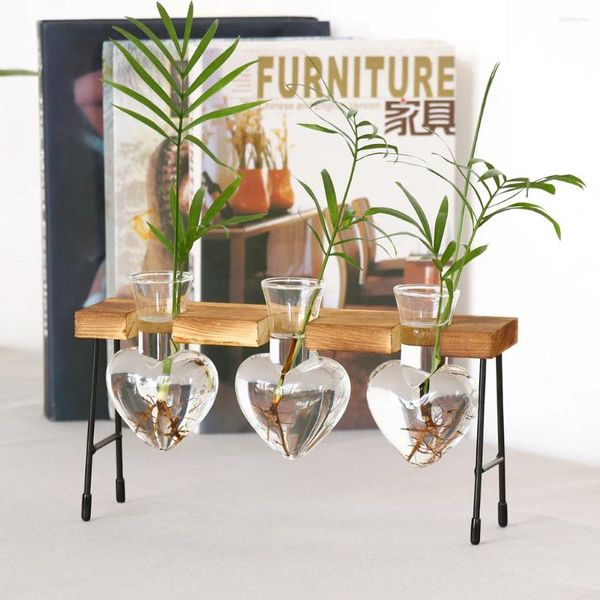 Vasi Vaso idroponico in vetro a forma di cuore Vaso per piante da fiori Vassoio in legno Decorazione da scrivania Terrario Trasparente