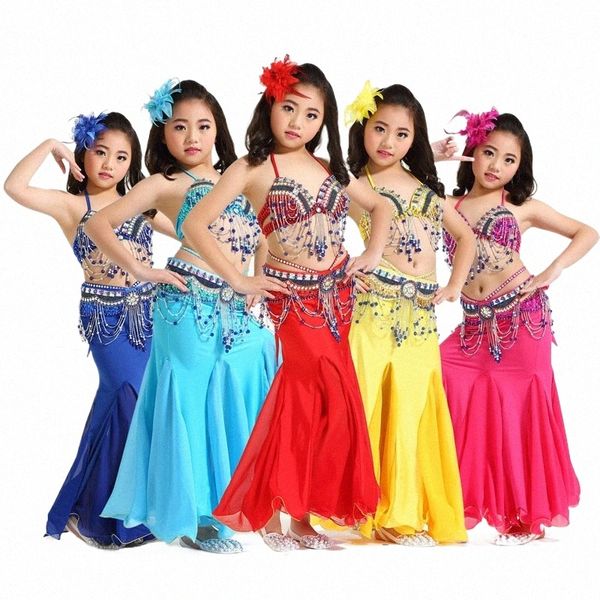 2018 Novas Crianças Roupas de Dança do Ventre 3 peças Oriental Outfit Traje de Dança do Ventre Conjunto Competiti Fishtai Saias #865-1 b48t #