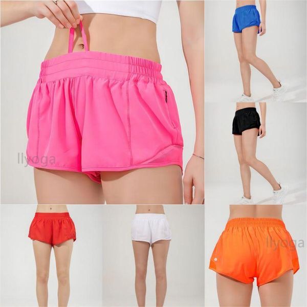 Shorts femininos de cintura baixa, respiráveis, de secagem rápida, shorts de ioga com forro embutido, shorts esportivos curtos com zíper oculto, bolsos laterais, calças de moletom de corrida com cordão contínuo