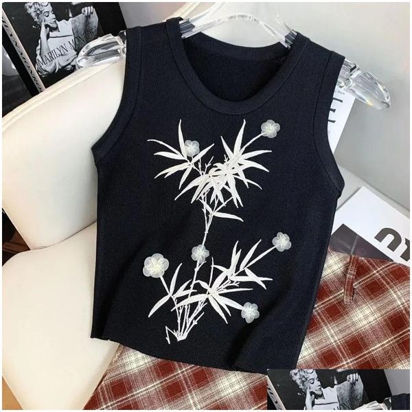 Tanques femininos camis 2024 preto três-nsional malha floral em torno do pescoço colete design sentido nicho chique emagrecimento menina na moda gota entrega app oteq6