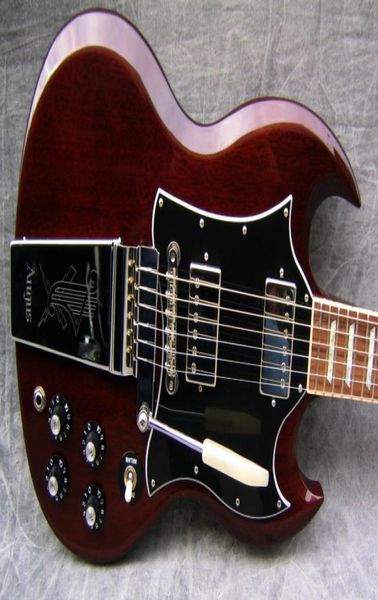 Super seltene Angus Young Wine Cherry Red SG E-Gitarre mit gravierter Lyre Vibrola Maestro Tremolo Pearl Trapezoid Inlay1585140