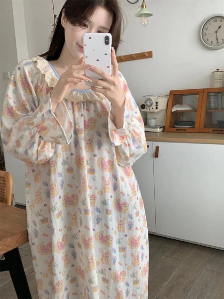 Indumenti da notte da donna Stampa cartoon Autunno Camicia da notte Donna O-Collo Manica lunga Kawaii Cotone allentato Coreano Dolce notte Abito in pizzo Homewear